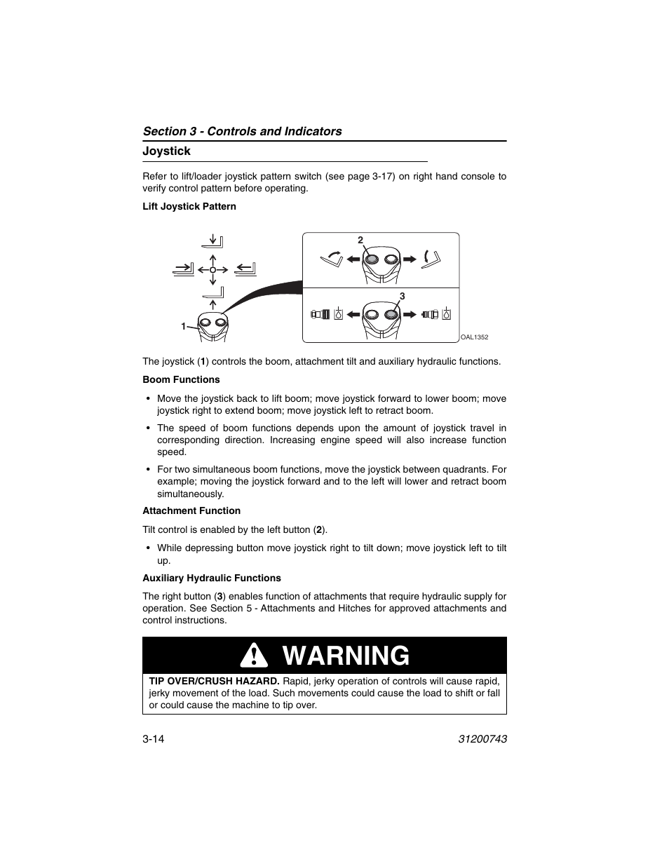 Joystick, Joystick -14, Warning | JLG 2505H Operator Manual User Manual | Page 54 / 148