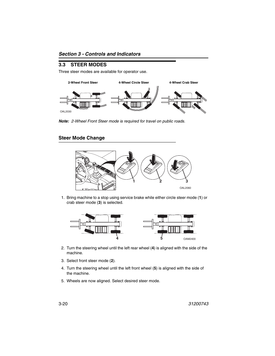 3 steer modes, Steer mode change, 3 steer modes -20 | Steer mode change -20 | JLG 2505H Operator Manual User Manual | Page 60 / 148
