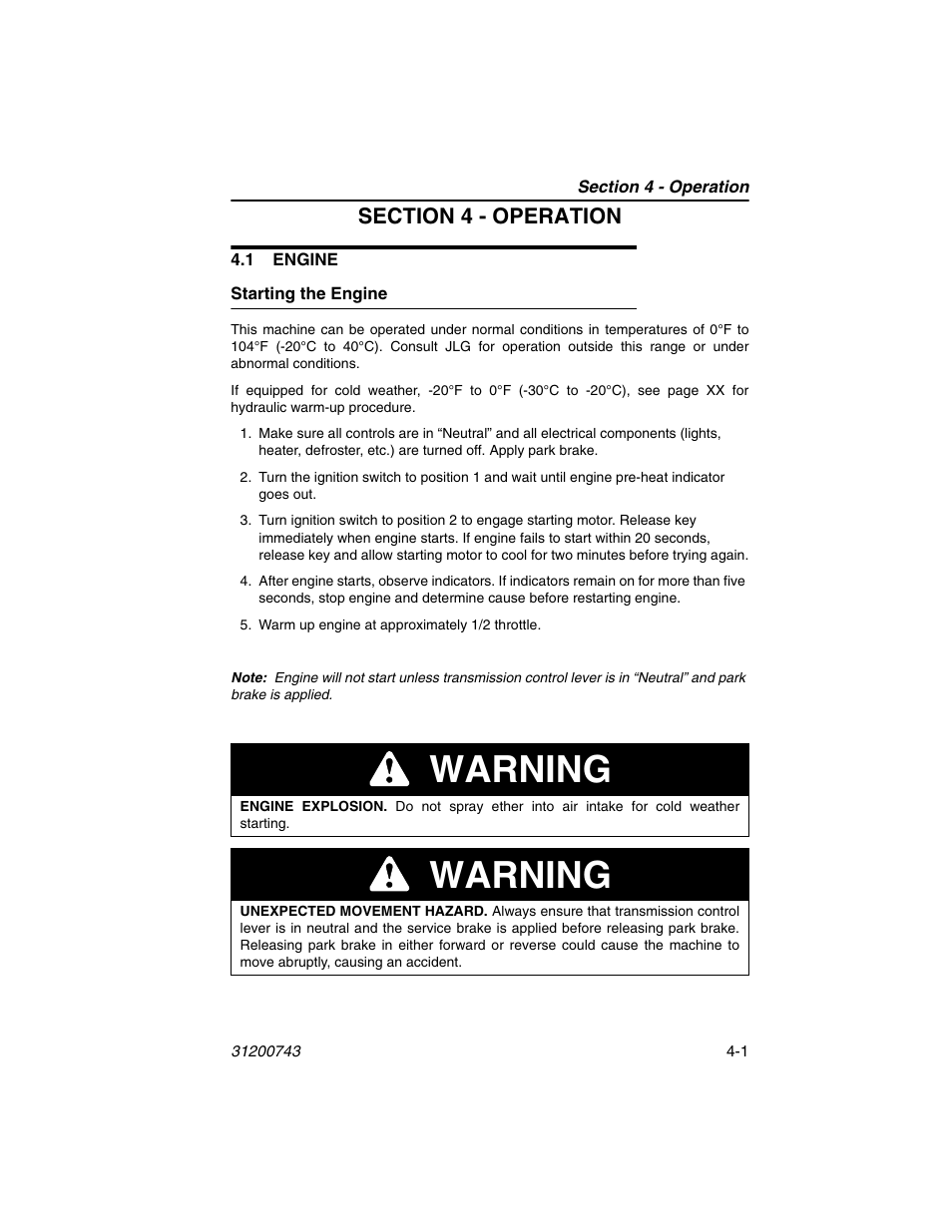 Section 4 - operation, 1 engine, Starting the engine | 1 engine -1, Starting the engine -1, Warning | JLG 2505H Operator Manual User Manual | Page 65 / 148