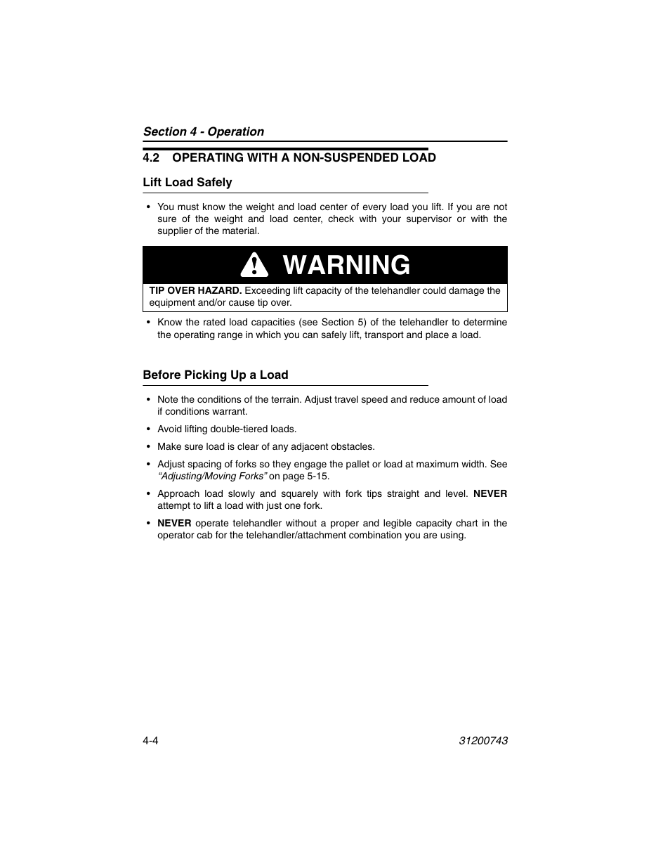 2 operating with a non-suspended load, Lift load safely, Before picking up a load | 2 operating with a non-suspended load -4, Lift load safely -4 before picking up a load -4, Warning | JLG 2505H Operator Manual User Manual | Page 68 / 148
