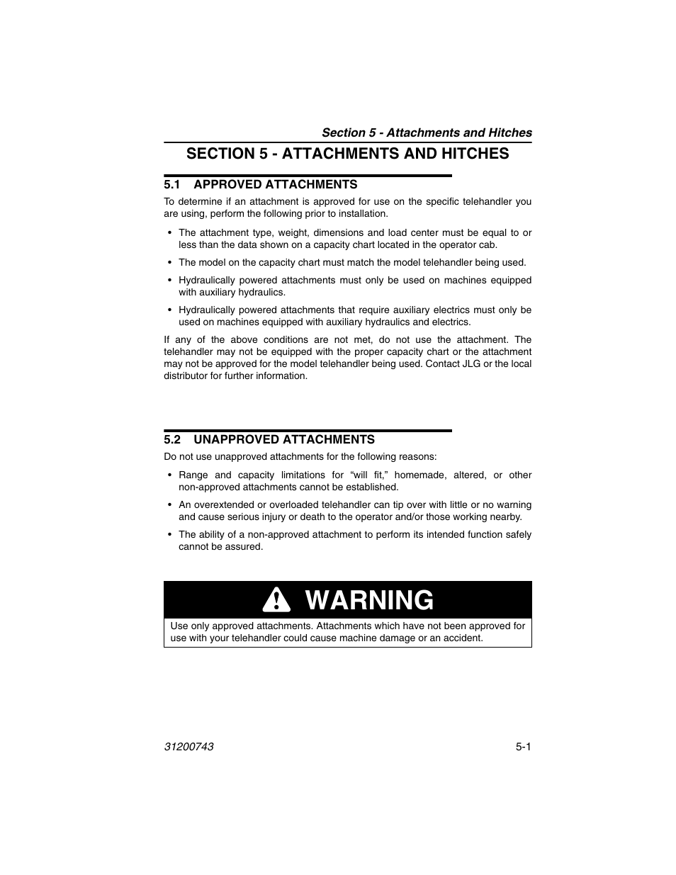 Section 5 - attachments and hitches, 1 approved attachments, 2 unapproved attachments | Warning | JLG 2505H Operator Manual User Manual | Page 77 / 148