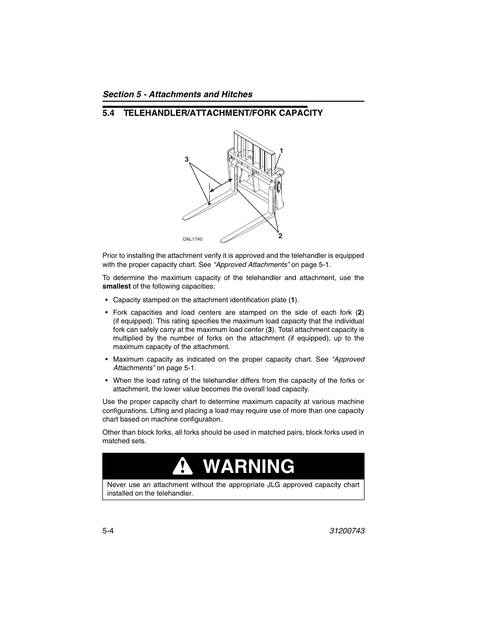 4 telehandler/attachment/fork capacity, 4 telehandler/attachment/fork capacity -4, Warning | JLG 2505H Operator Manual User Manual | Page 80 / 148