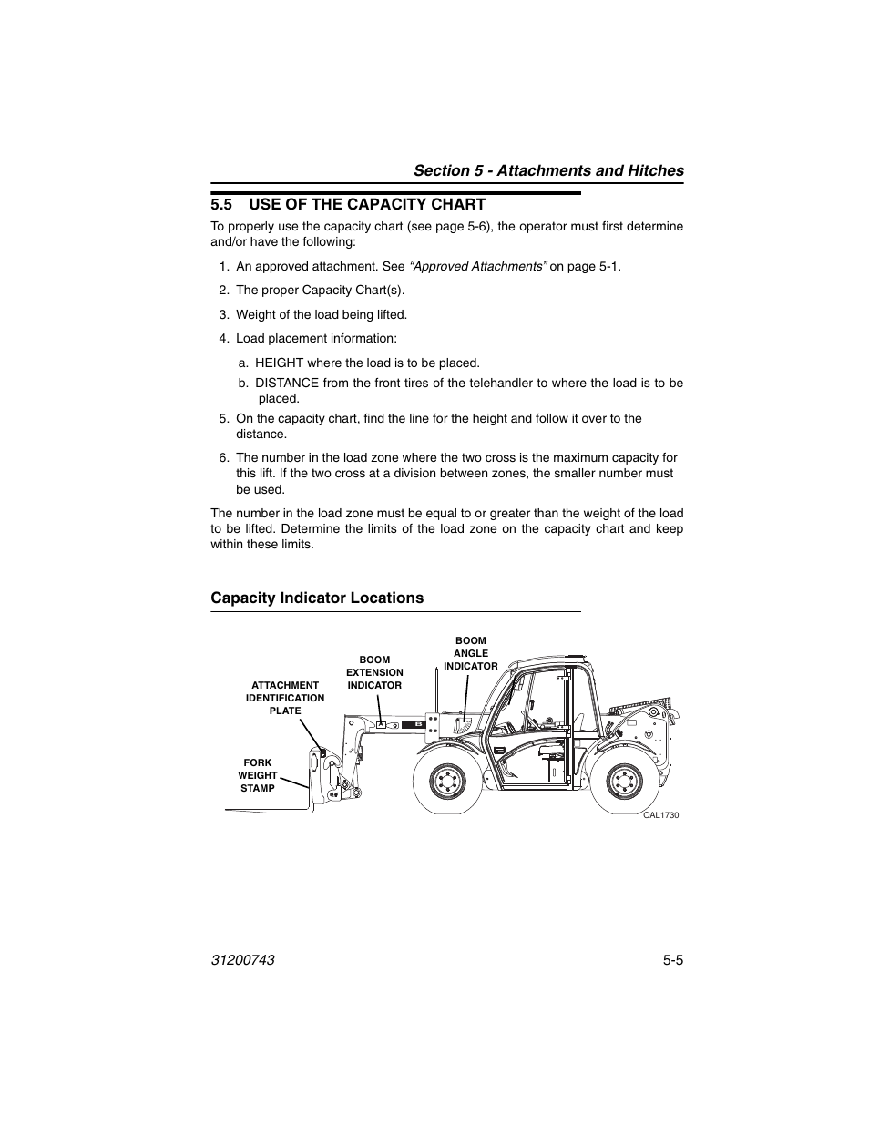 5 use of the capacity chart, Capacity indicator locations, 5 use of the capacity chart -5 | Capacity indicator locations -5 | JLG 2505H Operator Manual User Manual | Page 81 / 148