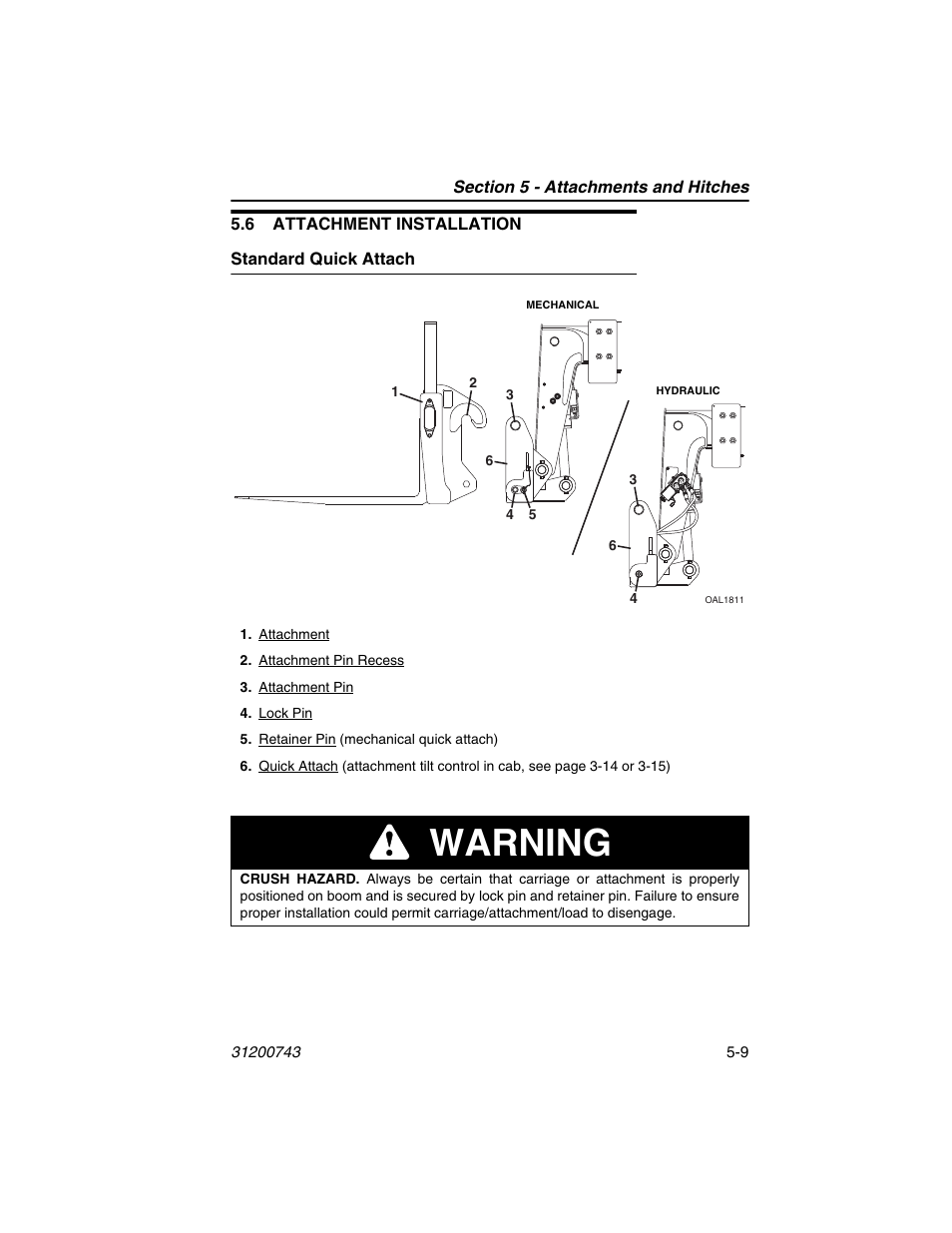 6 attachment installation, Standard quick attach, 6 attachment installation -9 | Standard quick attach -9, Warning | JLG 2505H Operator Manual User Manual | Page 85 / 148
