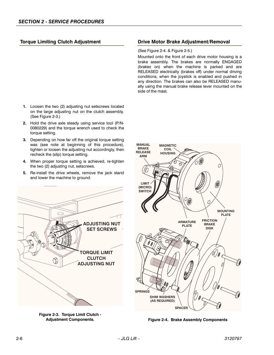 Torque limiting clutch adjustment, Drive motor brake adjustment/removal, See figure 2-4. & figure 2-5.) | Torque limit clutch - adjustment components -6, Brake assembly components -6 | JLG 15VPSP Service Manual User Manual | Page 24 / 94