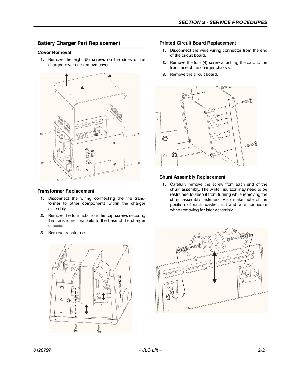 Battery charger part replacement, Cover removal, Transformer replacement | Remove transformer, Printed circuit board replacement, Remove the circuit board, Shunt assembly replacement | JLG 15VPSP Service Manual User Manual | Page 39 / 94