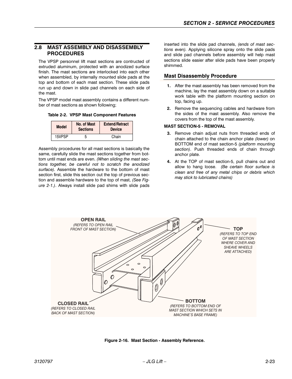 8 mast assembly and disassembly procedures, Table 2-2. vpsp mast component features, 15vpsp | Chain, Mast disassembly procedure, Mast section-5 - removal, Mast assembly and disassembly procedures -23, Mast section - assembly reference -23, Vpsp mast component features -23 | JLG 15VPSP Service Manual User Manual | Page 41 / 94