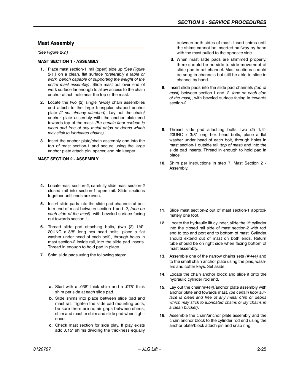Mast assembly, See figure 2-2.), Mast section 1 - assembly | Mast section 2 - assembly, Shim slide pads using the following steps | JLG 15VPSP Service Manual User Manual | Page 43 / 94