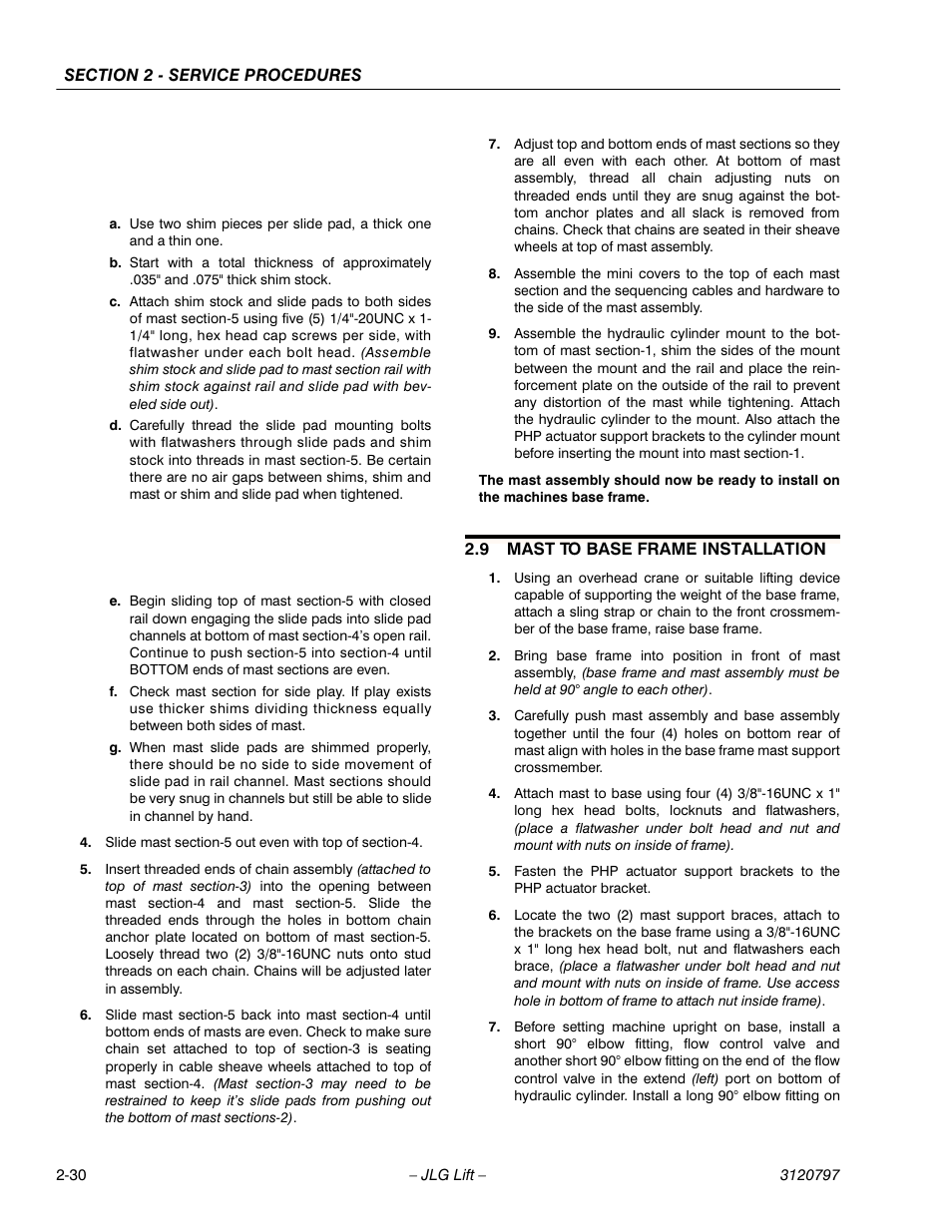 9 mast to base frame installation, Mast to base frame installation -30 | JLG 15VPSP Service Manual User Manual | Page 48 / 94