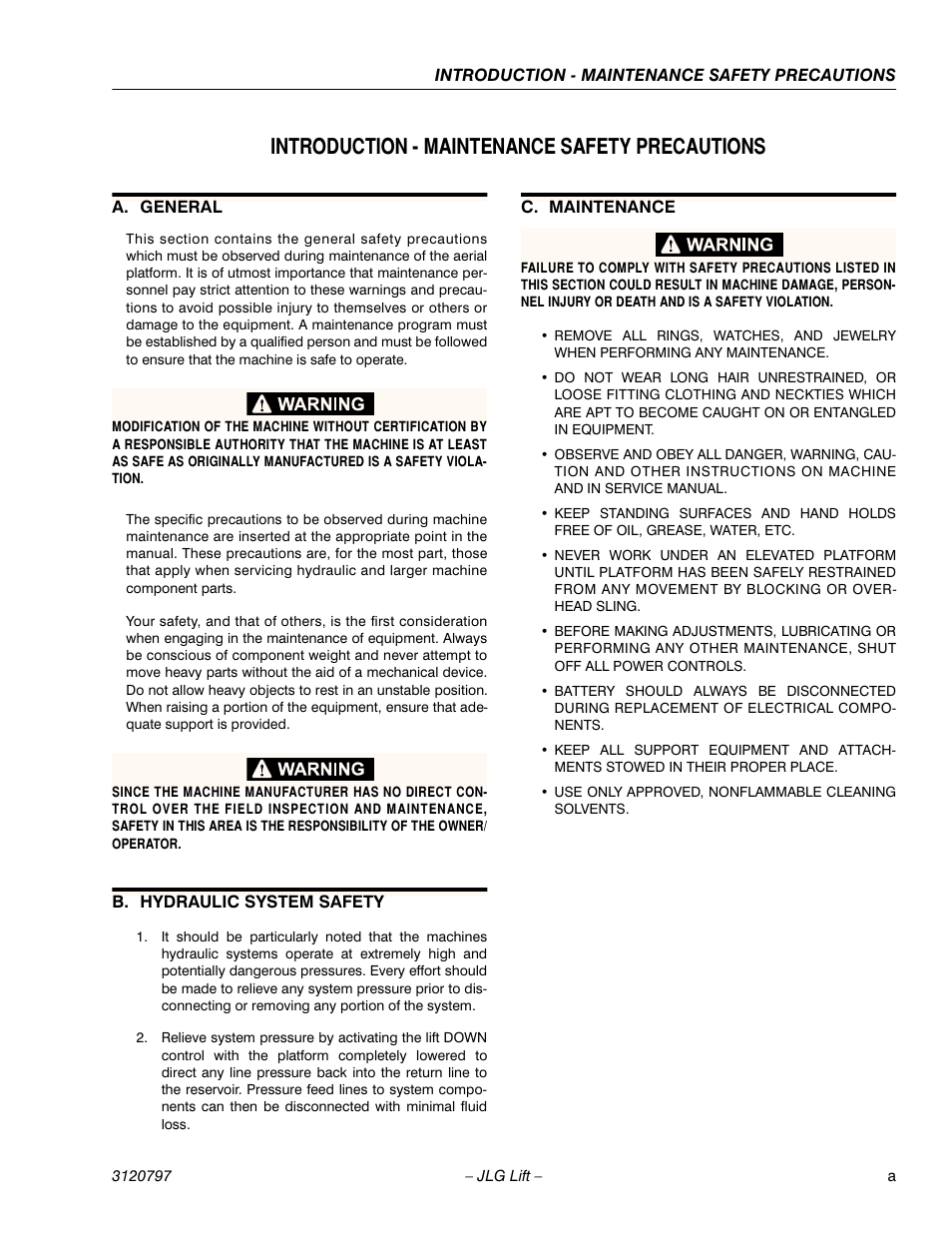 Introduction - maintenance safety precautions, A. general, B. hydraulic system safety | C. maintenance | JLG 15VPSP Service Manual User Manual | Page 5 / 94