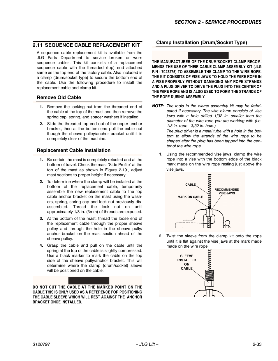11 sequence cable replacement kit, Remove old cable, Replacement cable installation | Clamp installation (drum/socket type), Important | JLG 15VPSP Service Manual User Manual | Page 51 / 94