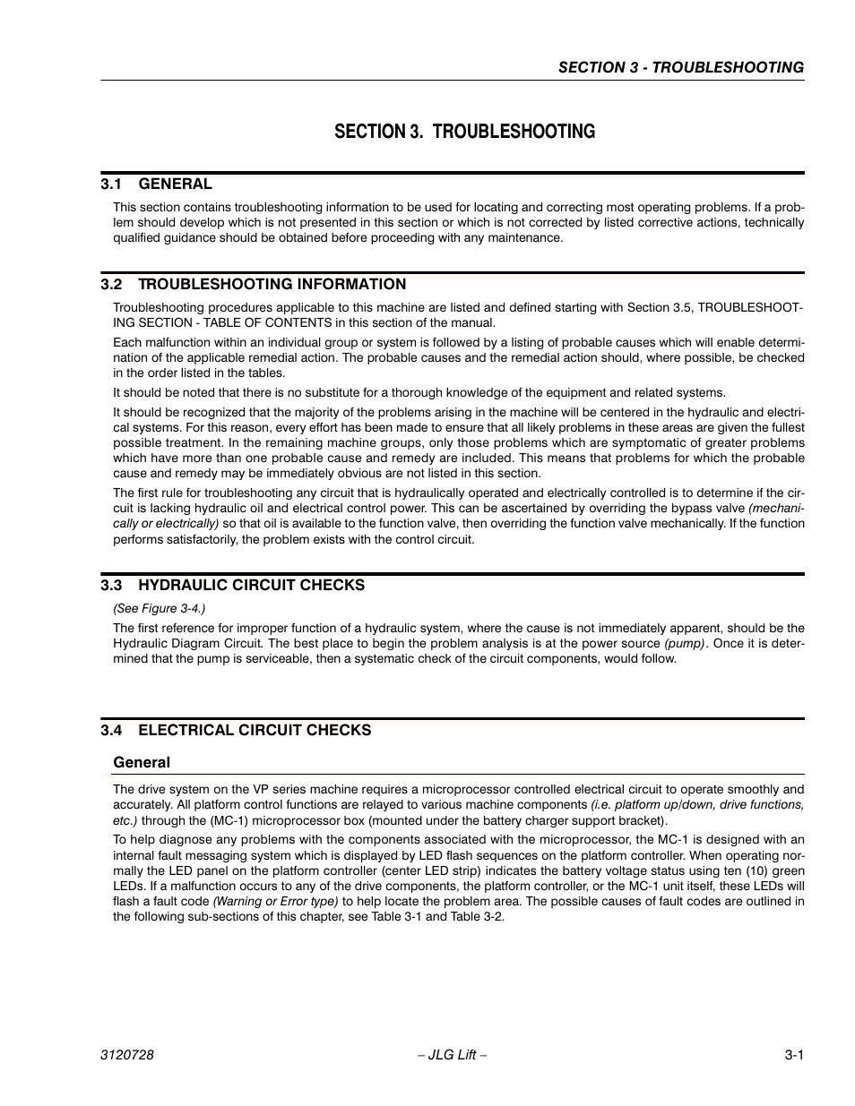 Section 3. troubleshooting, 1 general, 2 troubleshooting information | 3 hydraulic circuit checks, See figure 3-4.), 4 electrical circuit checks, General, Section 3 - troubleshooting, General -1, Troubleshooting information -1 | JLG 15VPSP Service Manual User Manual | Page 55 / 94