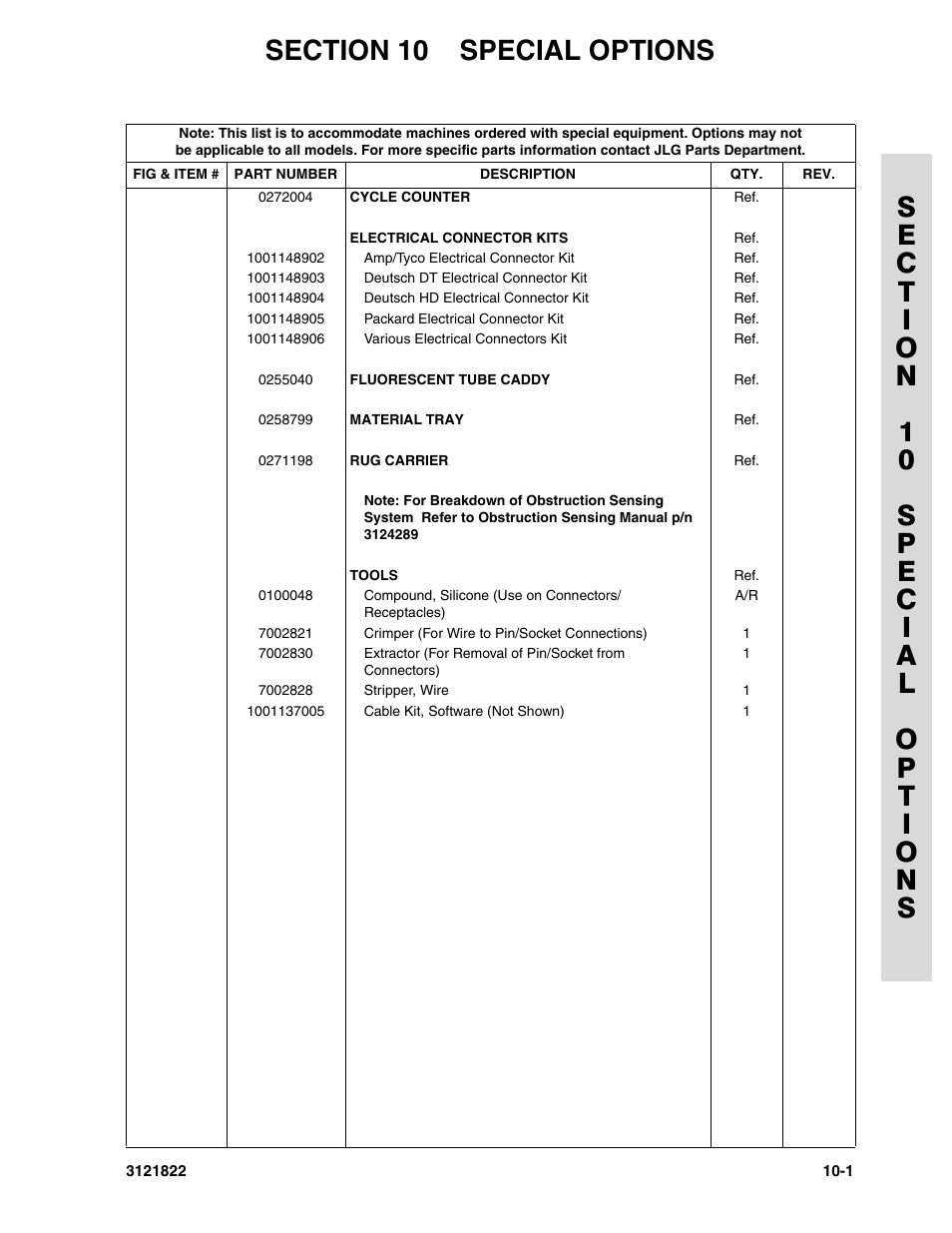 Section 10 special options, Section 10 - special options -1 | JLG 15VPSP (3121822) Parts Manual User Manual | Page 85 / 92