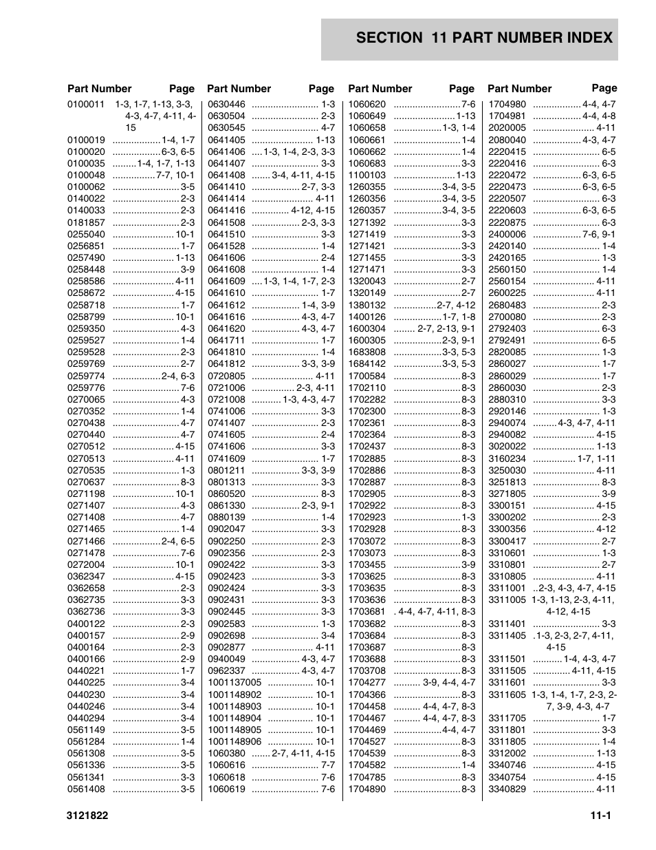 Section 11 part number index, 11 - part number index -1 | JLG 15VPSP (3121822) Parts Manual User Manual | Page 87 / 92