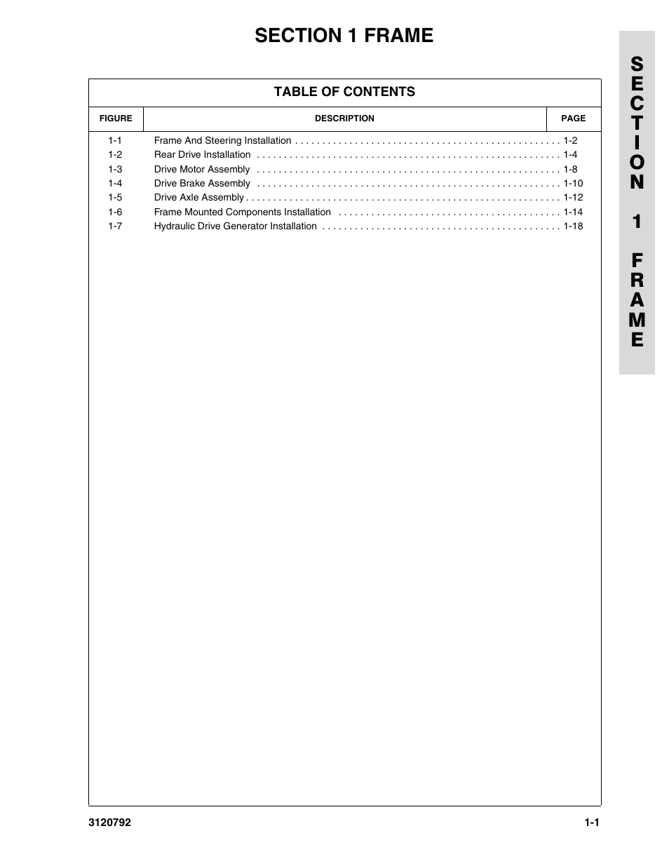 Section 1 frame, Section 1 - frame -1 | JLG 26MRT ANSI Parts Manual User Manual | Page 7 / 138