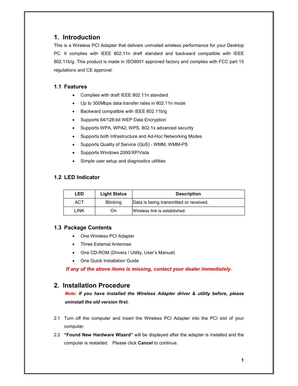 Introduction, Installation procedure | Advantek Networks Wireless-N PCI Adaptor AWN-11N-PCI User Manual | Page 2 / 4