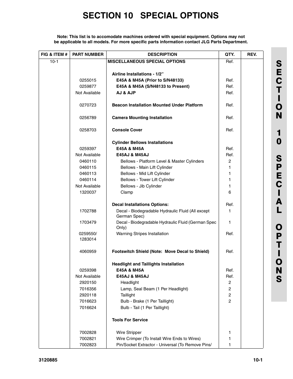 Section 10 special options, Section 10 - special options | JLG E45A_AJ Parts Manual User Manual | Page 183 / 196