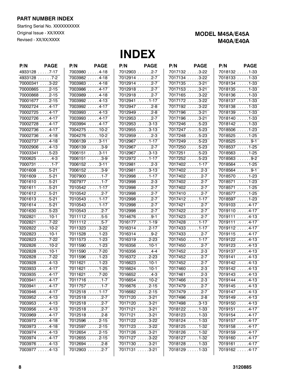 Index | JLG E45A_AJ Parts Manual User Manual | Page 192 / 196