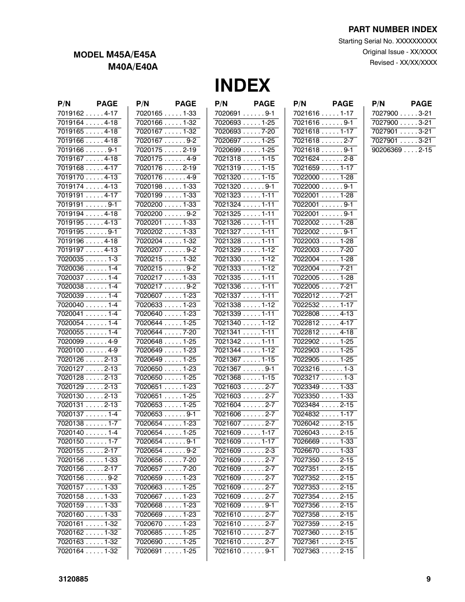 Index | JLG E45A_AJ Parts Manual User Manual | Page 193 / 196