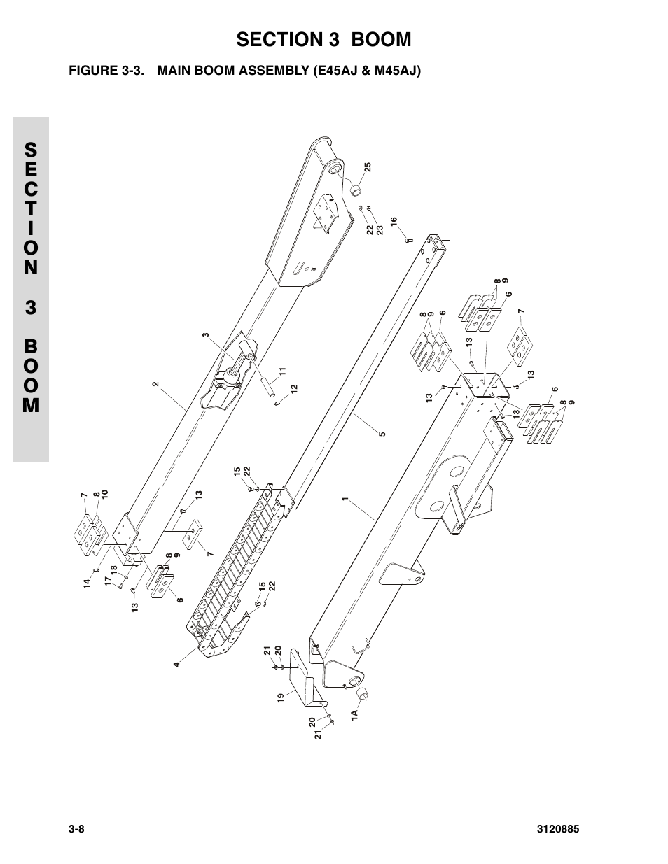 Figure 3-3. main boom assembly (e45aj & m45aj), Main boom assembly (e45aj & m45aj) -8 | JLG E45A_AJ Parts Manual User Manual | Page 74 / 196