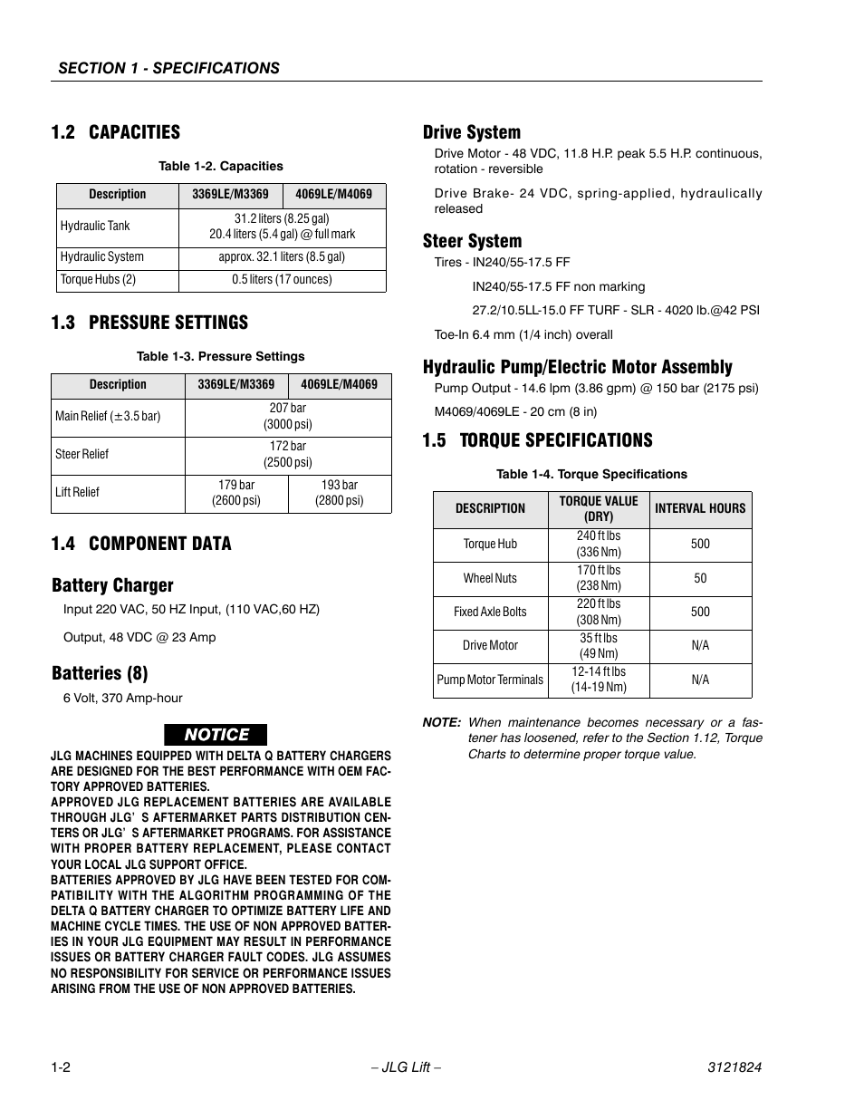2 capacities, 3 pressure settings, 4 component data | Battery charger, Batteries (8), Drive system, Steer system, Hydraulic pump/electric motor assembly, 5 torque specifications, Capacities -2 | JLG M4069 Service Manual User Manual | Page 10 / 152