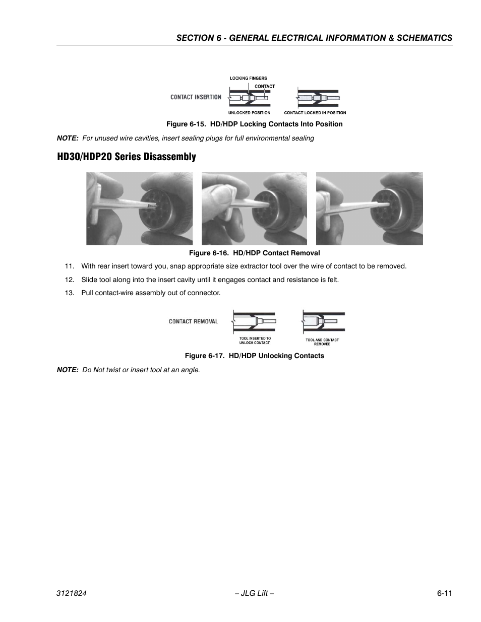 Hd30/hdp20 series disassembly, Hd/hdp locking contacts into position -11, Hd/hdp contact removal -11 | Hd/hdp unlocking contacts -11 | JLG M4069 Service Manual User Manual | Page 133 / 152