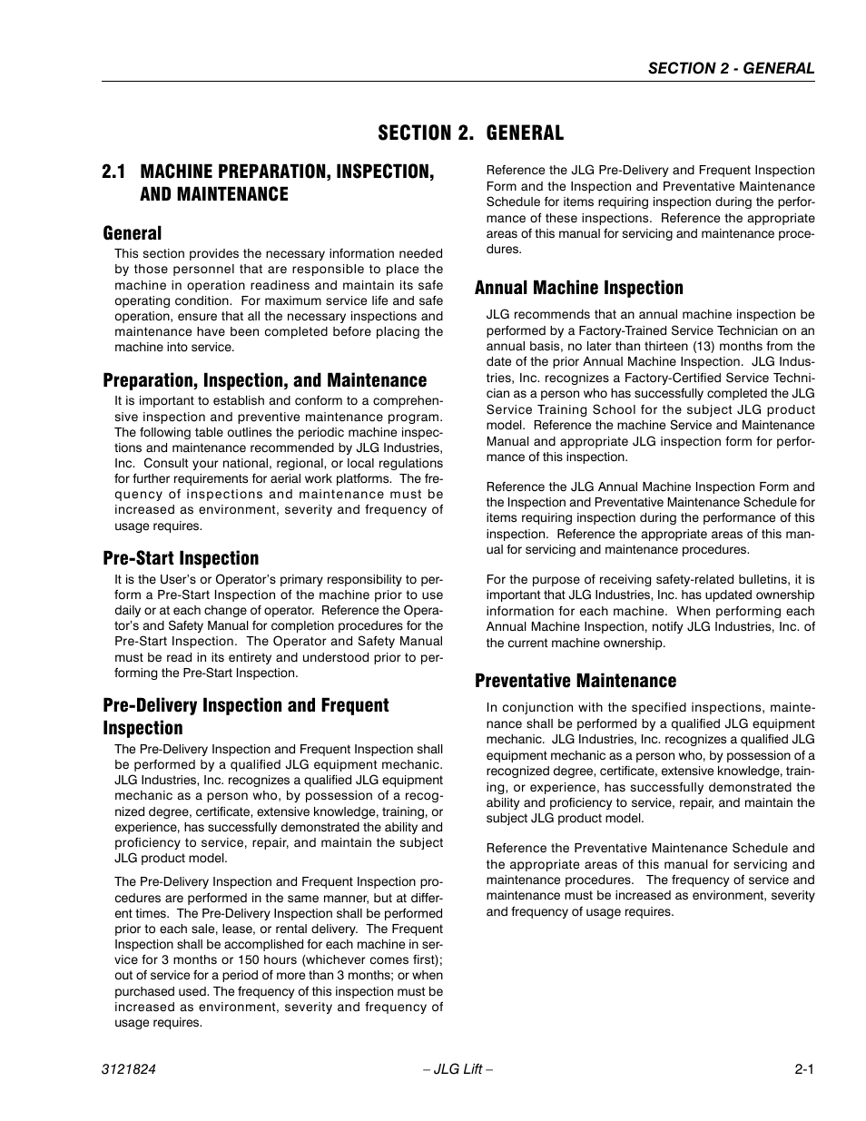 Section 2. general, 1 machine preparation, inspection, and maintenance, General | Preparation, inspection, and maintenance, Pre-start inspection, Pre-delivery inspection and frequent inspection, Annual machine inspection, Preventative maintenance, Section 2 - general | JLG M4069 Service Manual User Manual | Page 21 / 152