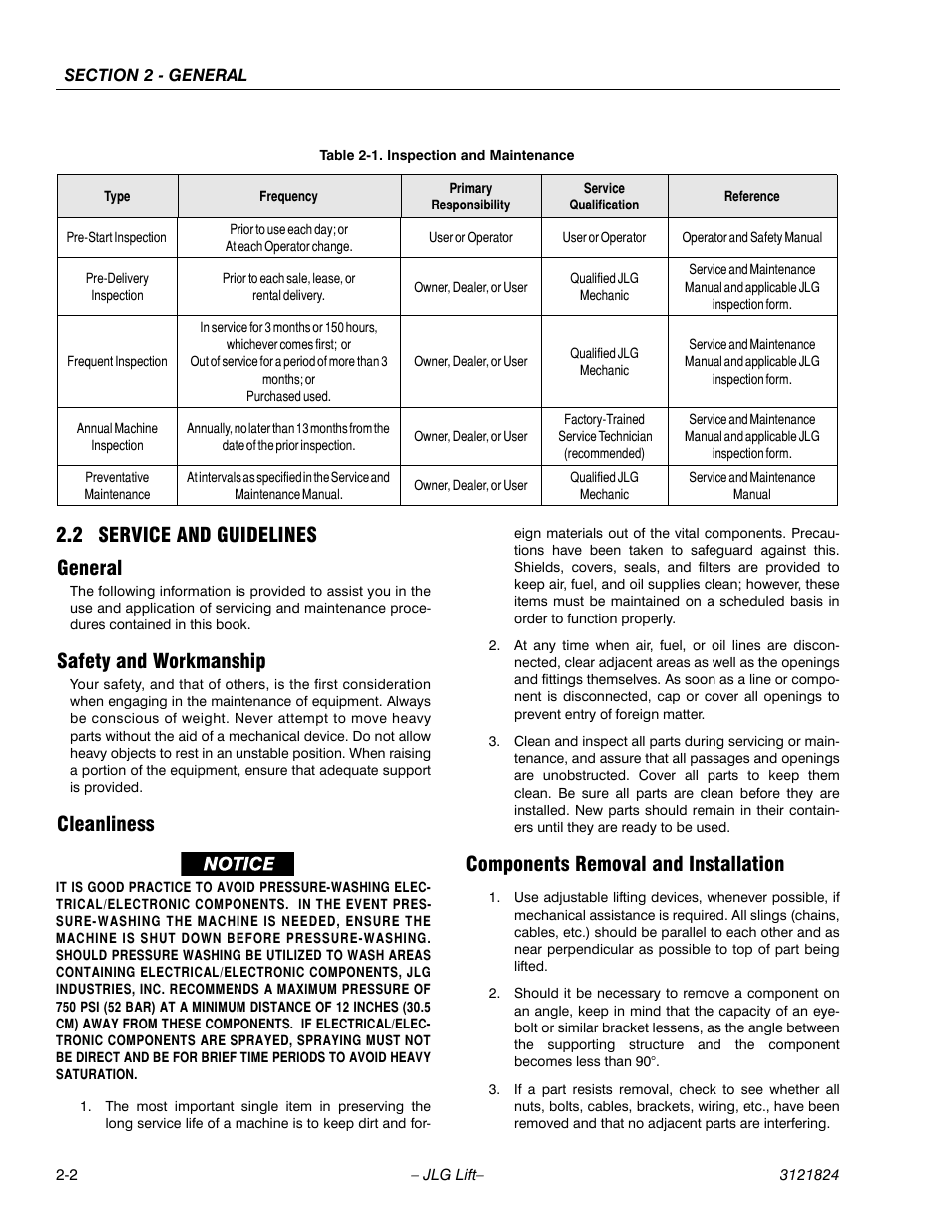 2 service and guidelines, General, Safety and workmanship | Cleanliness, Components removal and installation, Service and guidelines -2, Inspection and maintenance -2, 2 service and guidelines general | JLG M4069 Service Manual User Manual | Page 22 / 152