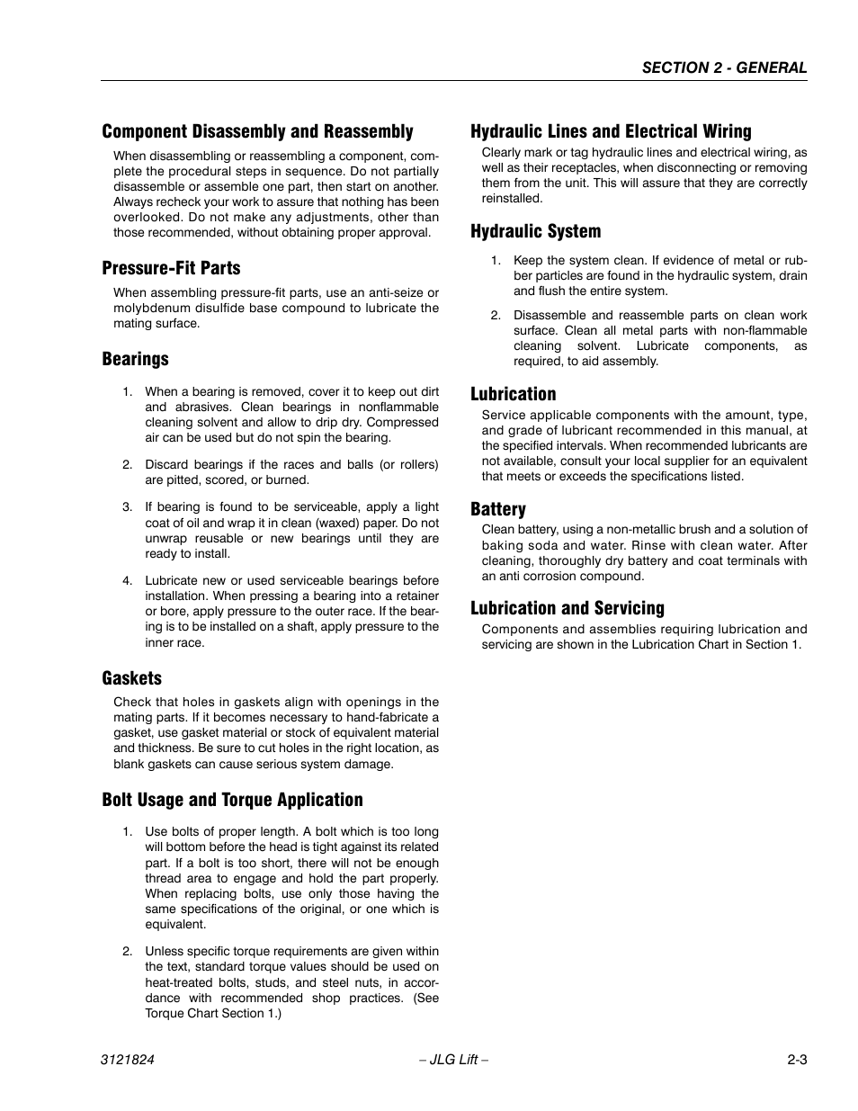 Component disassembly and reassembly, Pressure-fit parts, Bearings | Gaskets, Bolt usage and torque application, Hydraulic lines and electrical wiring, Hydraulic system, Lubrication, Battery, Lubrication and servicing | JLG M4069 Service Manual User Manual | Page 23 / 152
