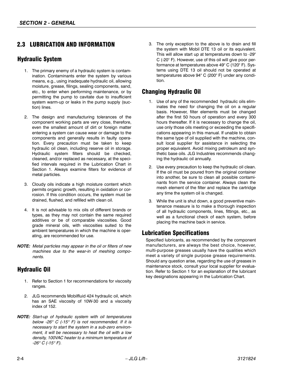 3 lubrication and information, Hydraulic system, Hydraulic oil | Changing hydraulic oil, Lubrication specifications, Lubrication and information -4, 3 lubrication and information hydraulic system | JLG M4069 Service Manual User Manual | Page 24 / 152