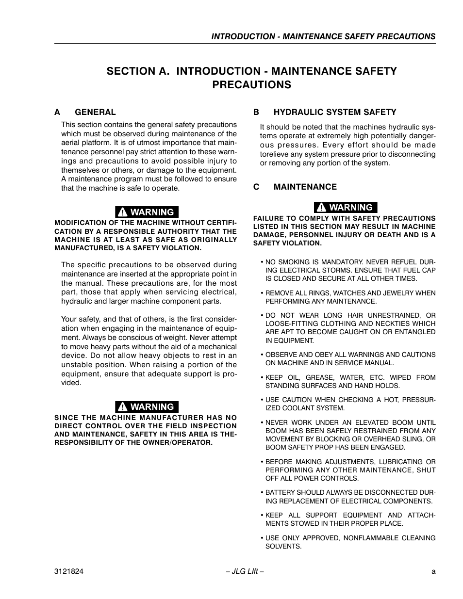 A general, B hydraulic system safety, C maintenance | JLG M4069 Service Manual User Manual | Page 3 / 152