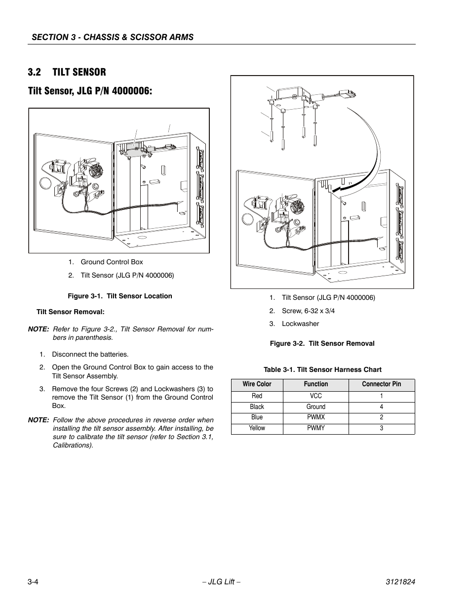 2 tilt sensor, Tilt sensor, jlg p/n 4000006, Tilt sensor -4 | Tilt sensor location -4, Tilt sensor removal -4, Tilt sensor harness chart -4 | JLG M4069 Service Manual User Manual | Page 32 / 152