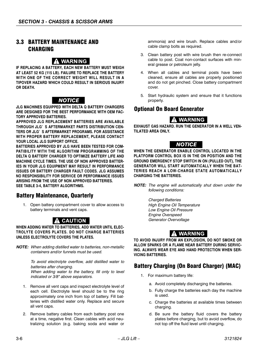 3 battery maintenance and charging, Battery maintenance, quarterly, Optional on board generator | Battery charging (on board charger) (mac), Battery maintenance and charging -6 | JLG M4069 Service Manual User Manual | Page 34 / 152