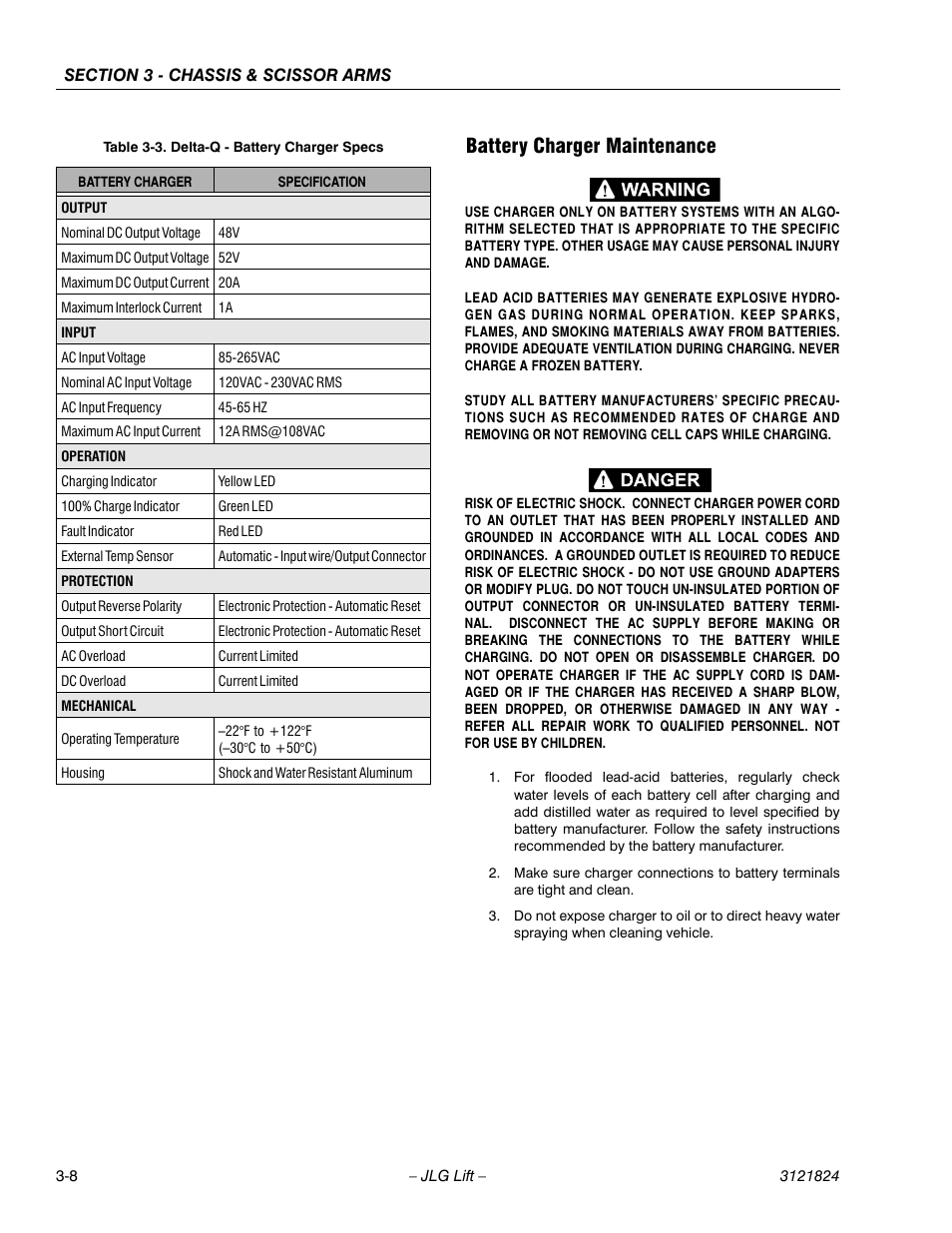 Battery charger maintenance, Delta-q - battery charger specs -8 | JLG M4069 Service Manual User Manual | Page 36 / 152