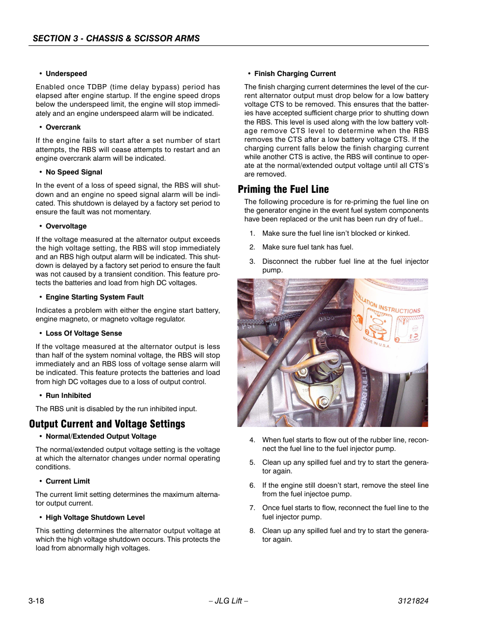 Output current and voltage settings, Priming the fuel line | JLG M4069 Service Manual User Manual | Page 46 / 152