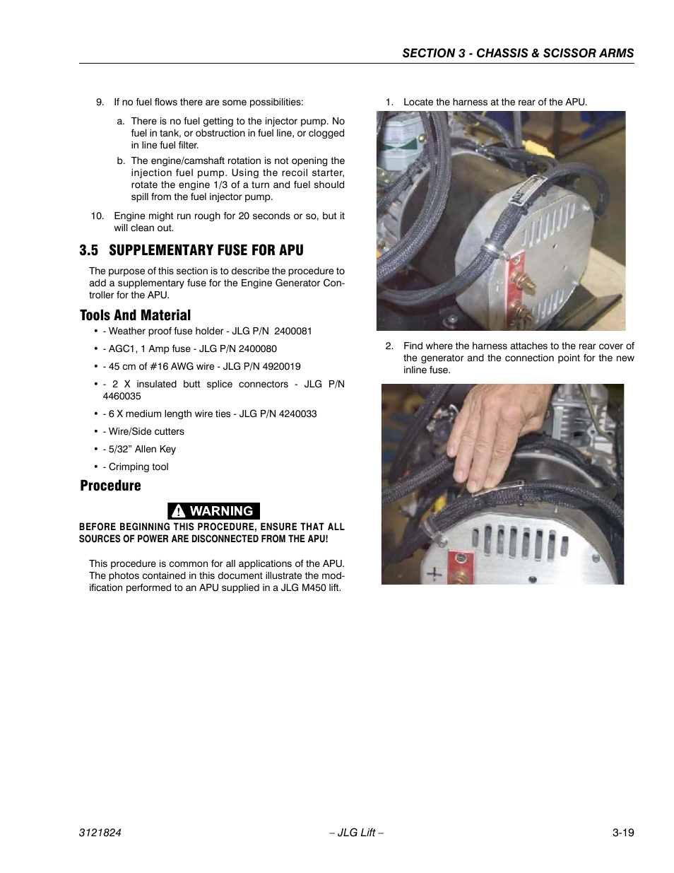5 supplementary fuse for apu, Tools and material, Procedure | Supplementary fuse for apu -19 | JLG M4069 Service Manual User Manual | Page 47 / 152
