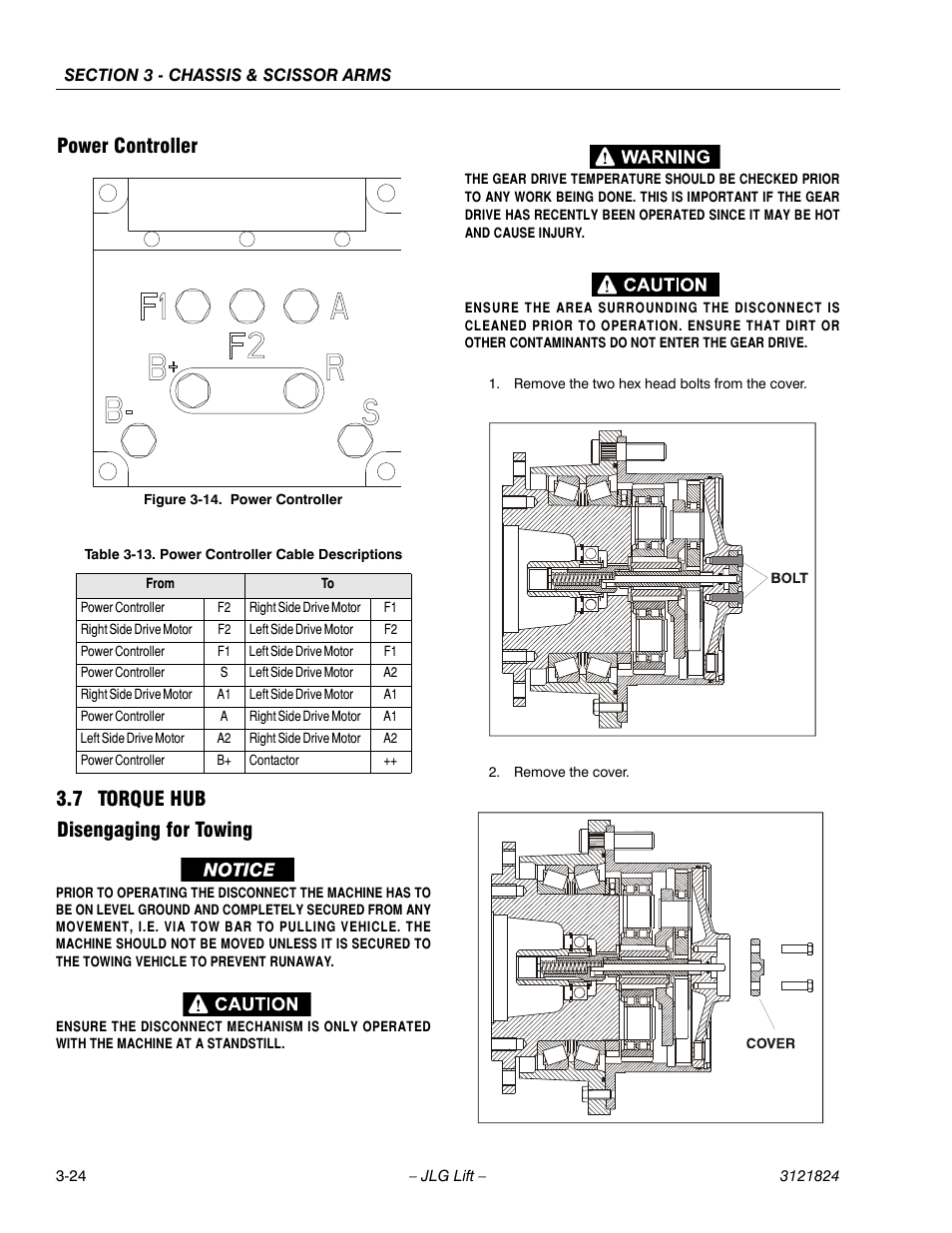 Power controller, 7 torque hub, Disengaging for towing | Torque hub -24, Power controller -24, Power controller cable descriptions -24, 7 torque hub disengaging for towing | JLG M4069 Service Manual User Manual | Page 52 / 152