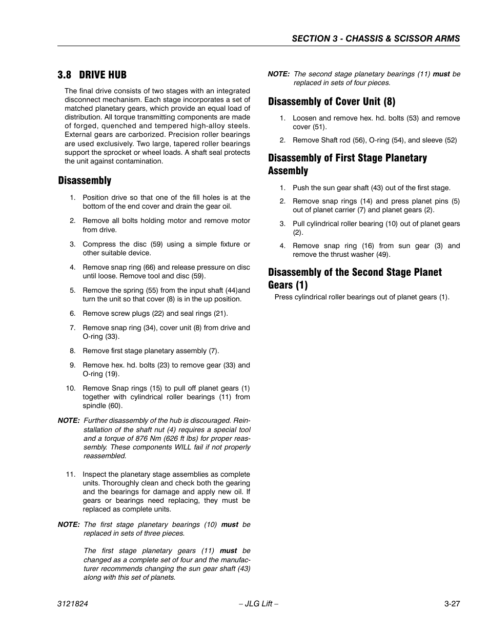8 drive hub, Disassembly, Disassembly of cover unit (8) | Disassembly of first stage planetary assembly, Disassembly of the second stage planet gears (1), Drive hub -27 | JLG M4069 Service Manual User Manual | Page 55 / 152