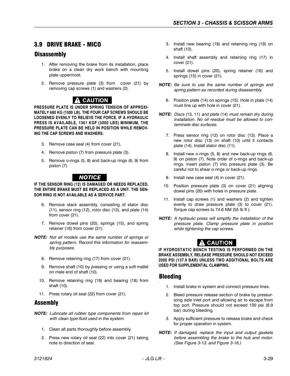 9 drive brake - mico, Disassembly, Assembly | Bleeding, Drive brake - mico -29, 9 drive brake - mico disassembly | JLG M4069 Service Manual User Manual | Page 57 / 152