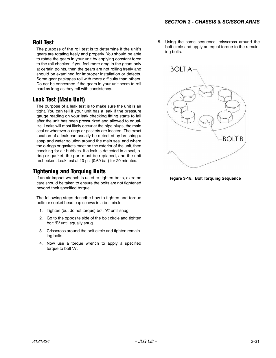 Roll test, Leak test (main unit), Tightening and torquing bolts | Bolt torquing sequence -31 | JLG M4069 Service Manual User Manual | Page 59 / 152