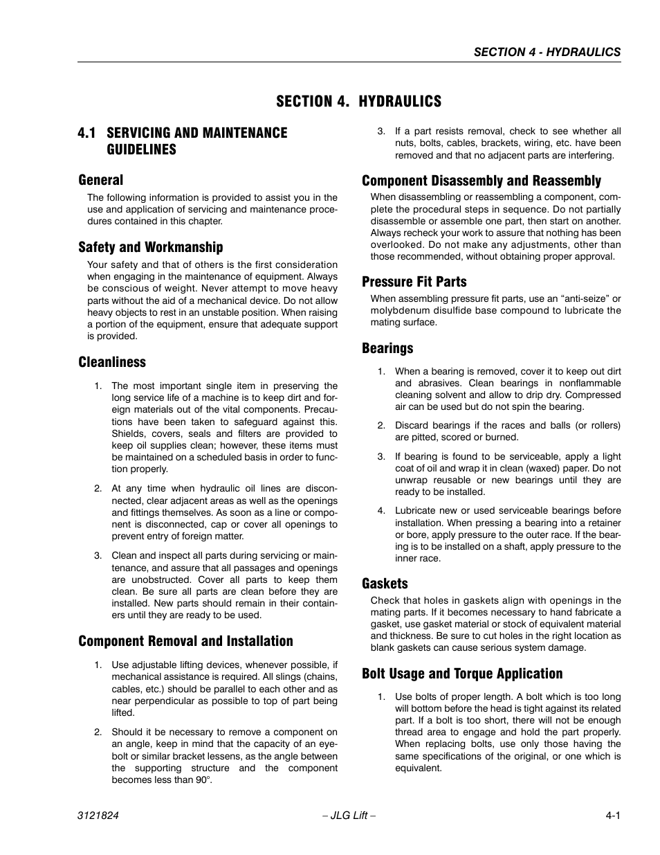 Section 4. hydraulics, 1 servicing and maintenance guidelines, General | Safety and workmanship, Cleanliness, Component removal and installation, Component disassembly and reassembly, Pressure fit parts, Bearings, Gaskets | JLG M4069 Service Manual User Manual | Page 73 / 152