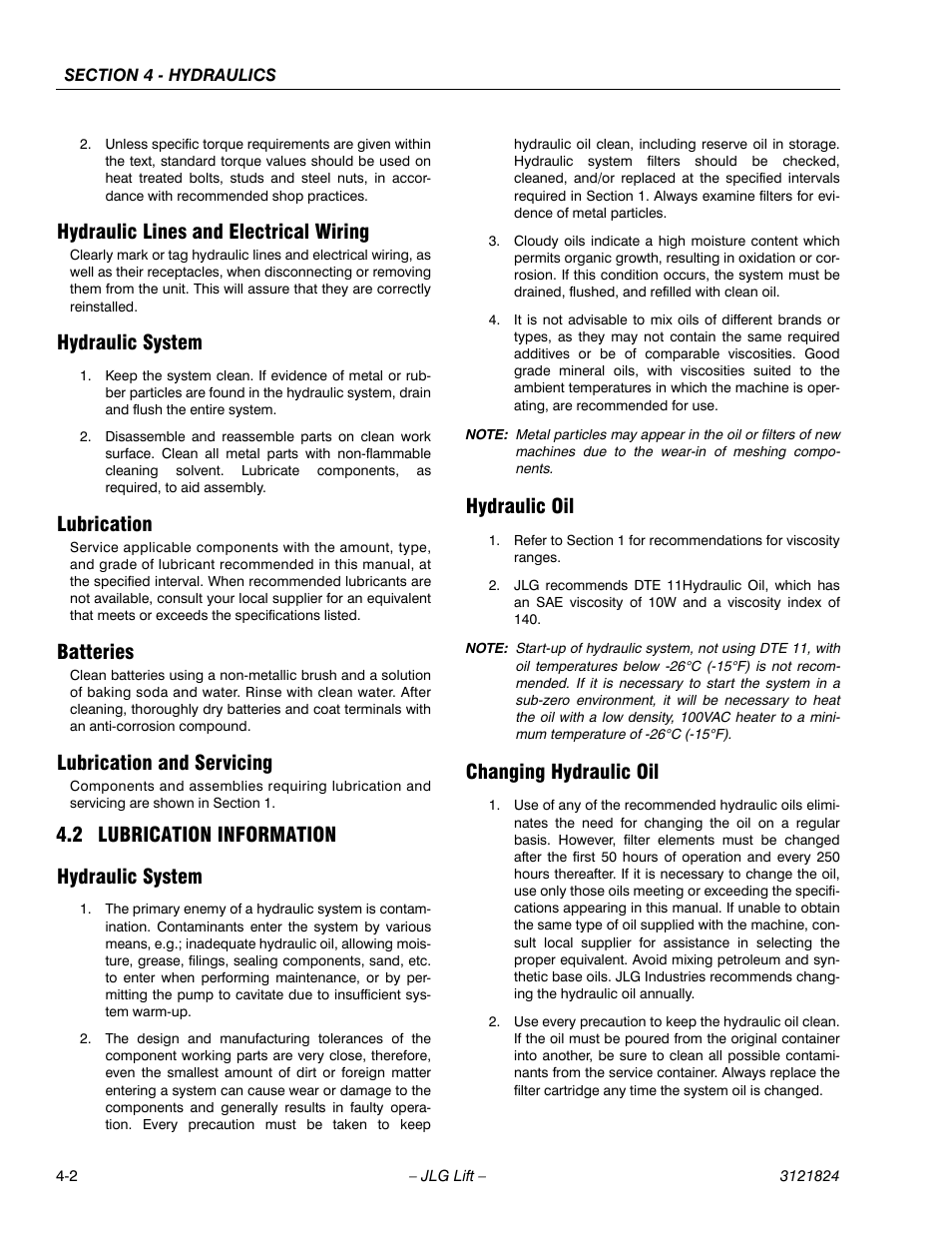 Hydraulic lines and electrical wiring, Hydraulic system, Lubrication | Batteries, Lubrication and servicing, 2 lubrication information, Hydraulic oil, Changing hydraulic oil, Lubrication information -2, 2 lubrication information hydraulic system | JLG M4069 Service Manual User Manual | Page 74 / 152