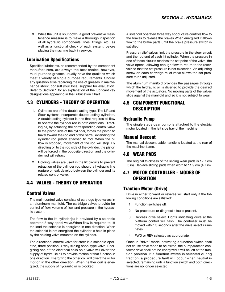 Lubrication specifications, 3 cylinders - theory of operation, 4 valves - theory of operation | Control valves, 5 component functional description, Hydraulic pump, Manual descent, 6 wear pads, 7 motor controller - modes of operation, Traction motor (drive) | JLG M4069 Service Manual User Manual | Page 75 / 152