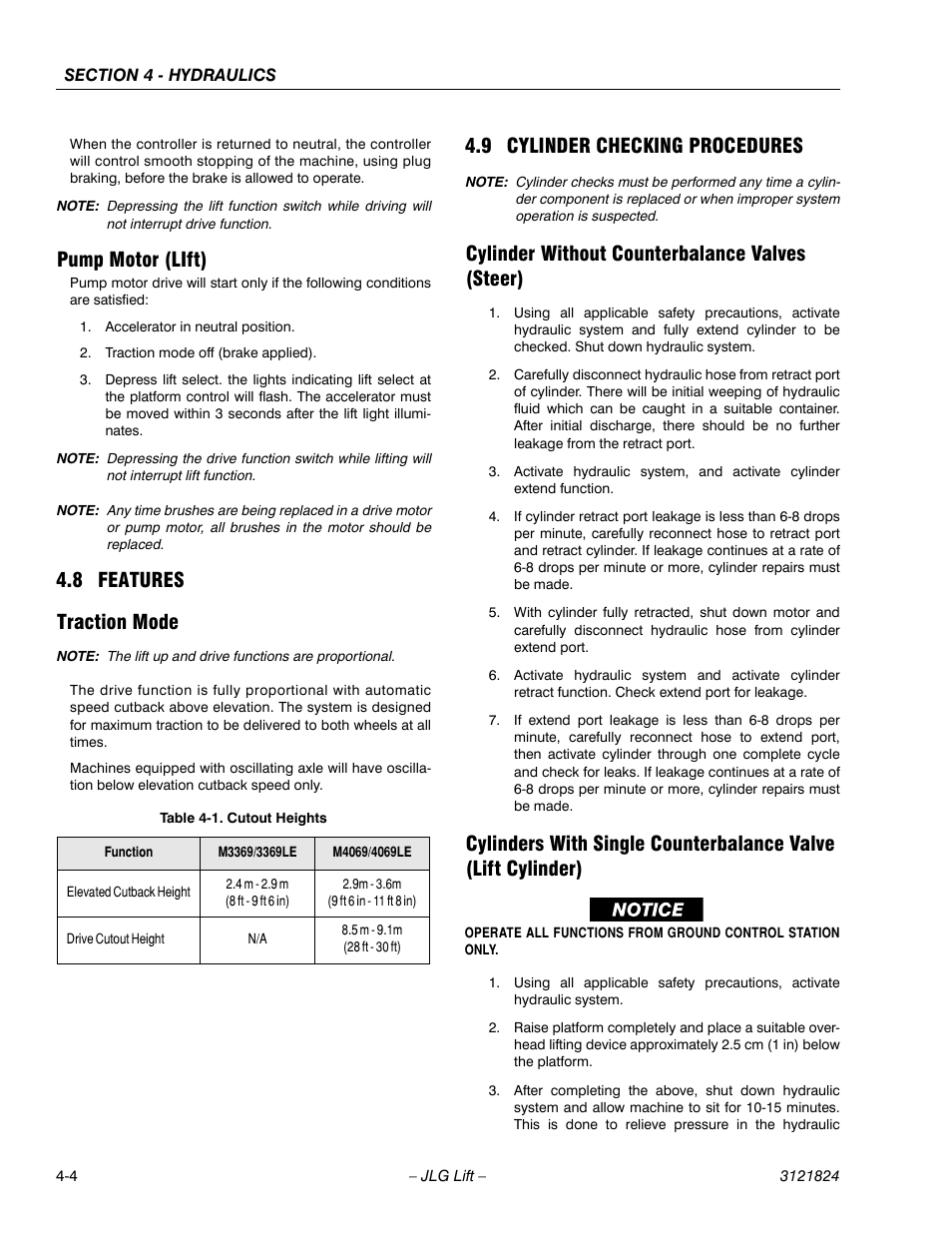 Pump motor (lift), 8 features, Traction mode | 9 cylinder checking procedures, Cylinder without counterbalance valves (steer), Features -4, Cylinder checking procedures -4, Cutout heights -4, 8 features traction mode | JLG M4069 Service Manual User Manual | Page 76 / 152