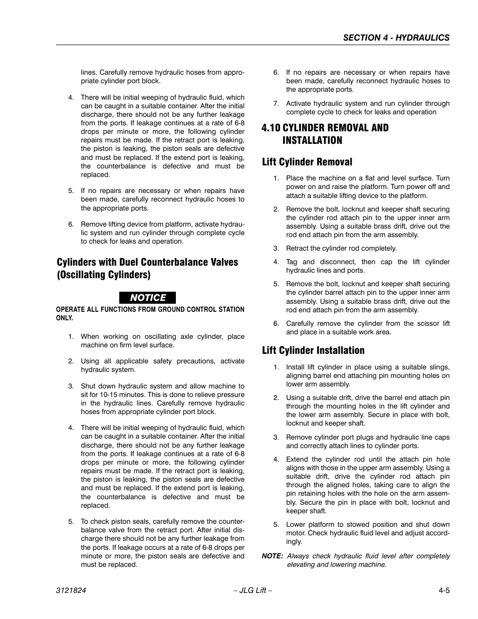 10 cylinder removal and installation, Lift cylinder removal, Lift cylinder installation | Cylinder removal and installation -5 | JLG M4069 Service Manual User Manual | Page 77 / 152