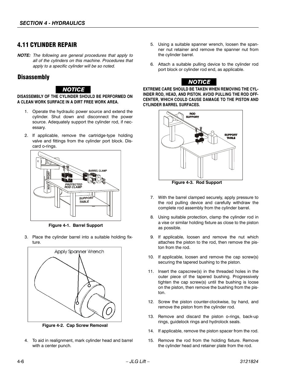 11 cylinder repair, Disassembly, Cylinder repair -6 | Barrel support -6, Cap screw removal -6, Rod support -6 | JLG M4069 Service Manual User Manual | Page 78 / 152