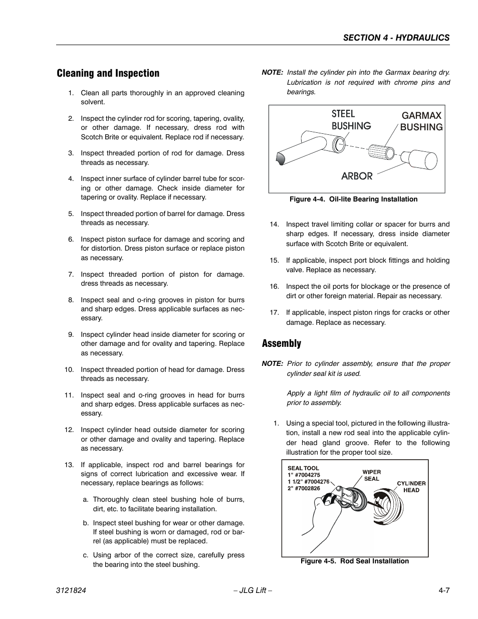 Cleaning and inspection, Assembly, Oil-lite bearing installation -7 | Rod seal installation -7, Garmax bushing | JLG M4069 Service Manual User Manual | Page 79 / 152