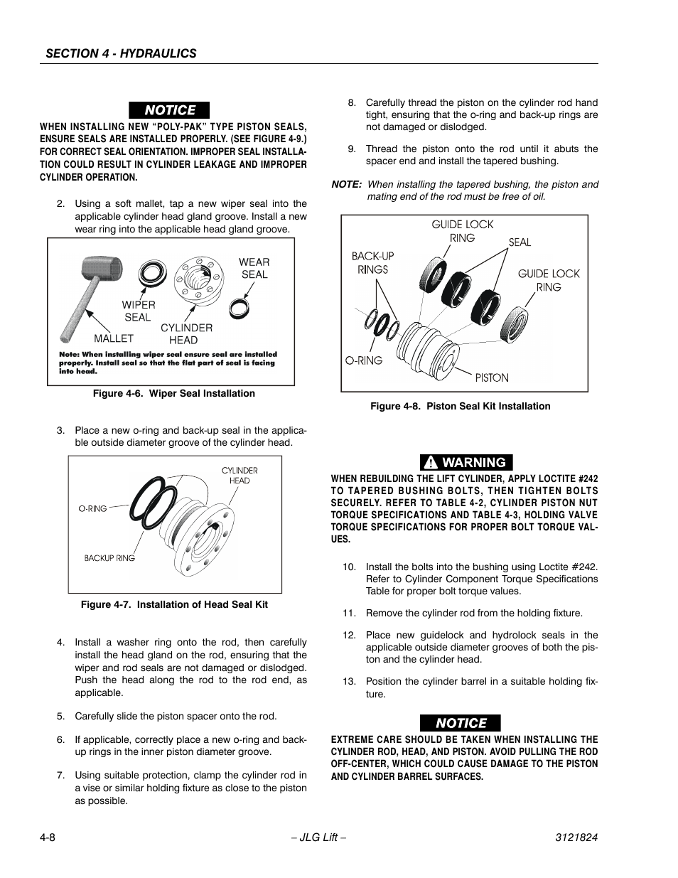 Wiper seal installation -8, Installation of head seal kit -8, Piston seal kit installation -8 | JLG M4069 Service Manual User Manual | Page 80 / 152