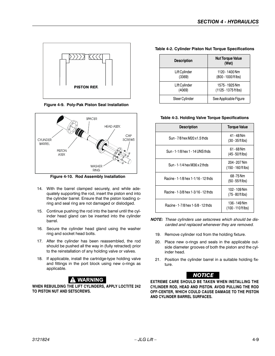 Poly-pak piston seal installation -9, Rod assembly installation -9, Cylinder piston nut torque specifications -9 | Holding valve torque specifications -9 | JLG M4069 Service Manual User Manual | Page 81 / 152