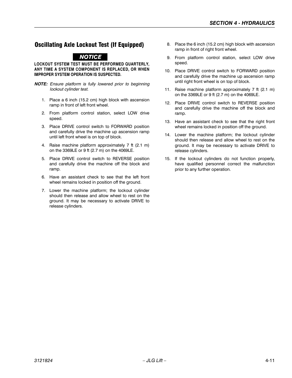 Oscillating axle lockout test (if equipped) | JLG M4069 Service Manual User Manual | Page 83 / 152